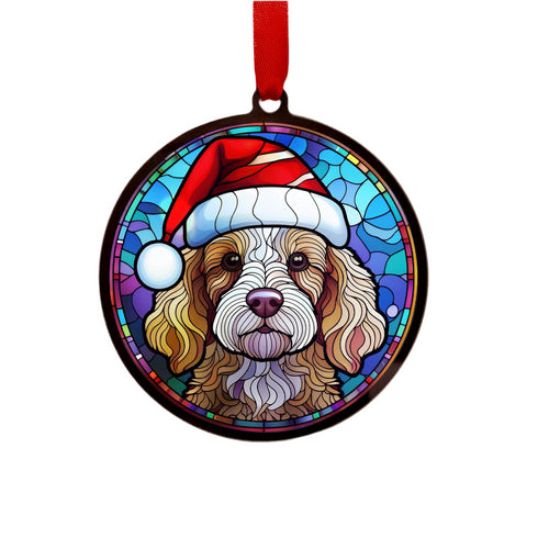 Cockapoo in Santa Hat Suncatcher Decoration